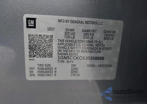 2018 Chevrolet Tahoe C1500 Premier z USA, uszkodzony, nr VIN 1GNSCCKCXJR208898